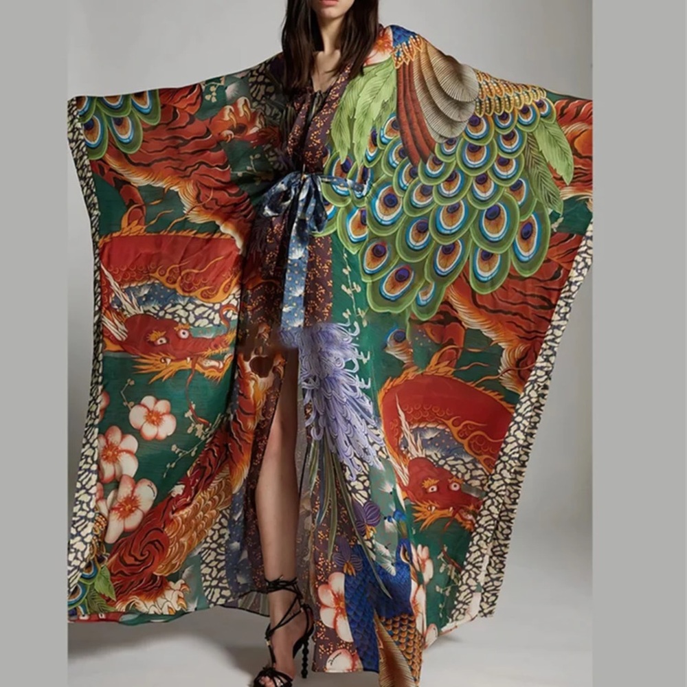 Green Floral & Dragon Print Satin Maxi Kimono Dress - Picture 3 of 7